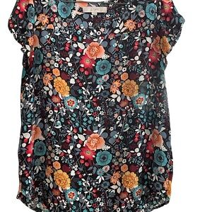 LOFT Women's Floral Blouse - Black, Orange, Blue